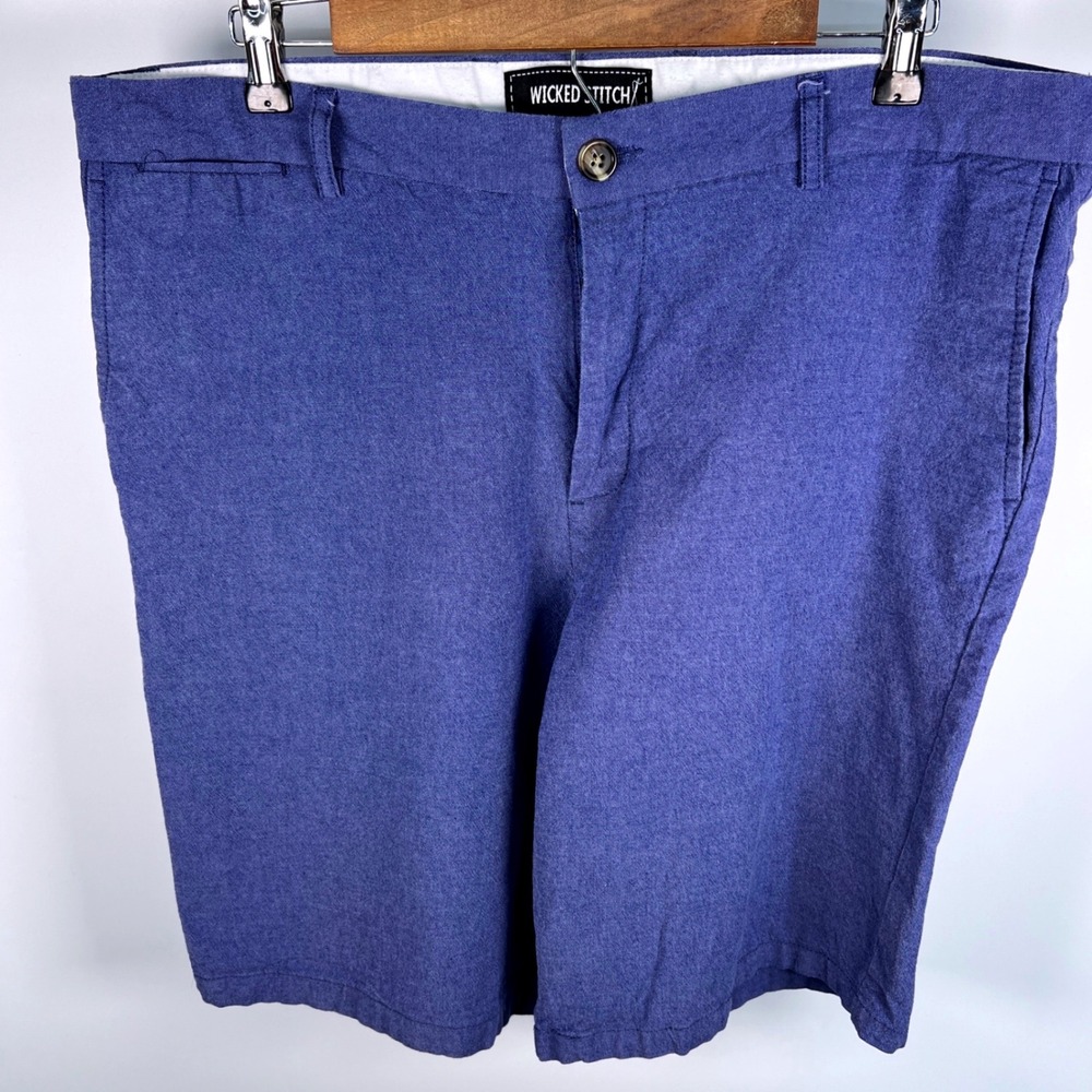 Wicked Stitch Mens Blue Heathered Flat Front Chino Shorts Size 38 Cotton Stretch